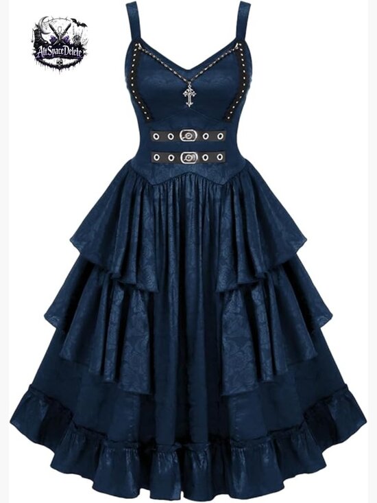 Dresses & Skirts - Plus Size Victorian Gothic Jacquard Midi Dress with Grommets and Buckles